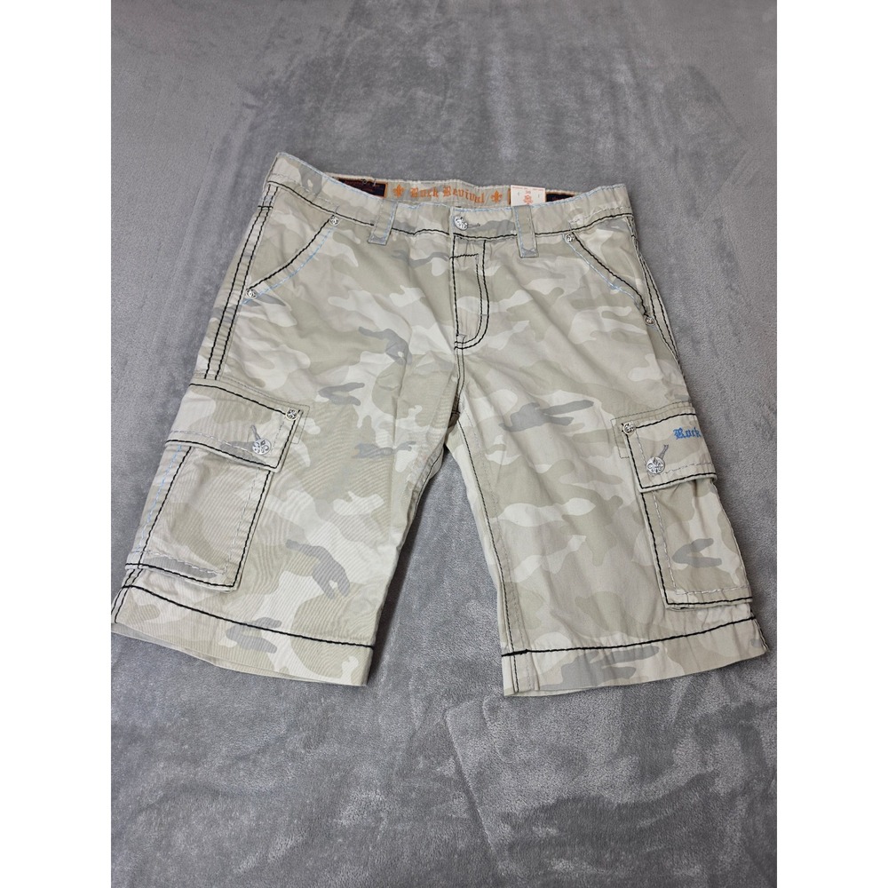 Rock Revival Mens Classic Cargo Shorts Grey Camo Embroidered Buckle Size 38 NEW